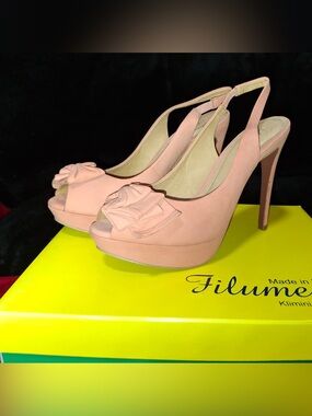 Blush Slingback Peep-Toe Platform Heels with Bow